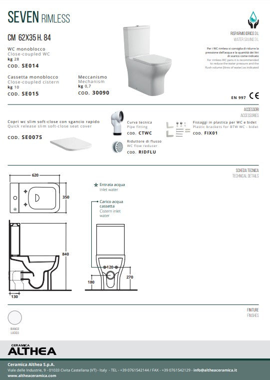 Seven vas wc monoblocc rimless Italia cu capac soft close