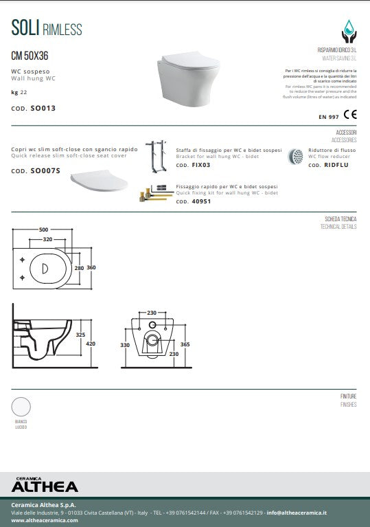 Soli vas wc suspendat rimless Italia cu capac soft close