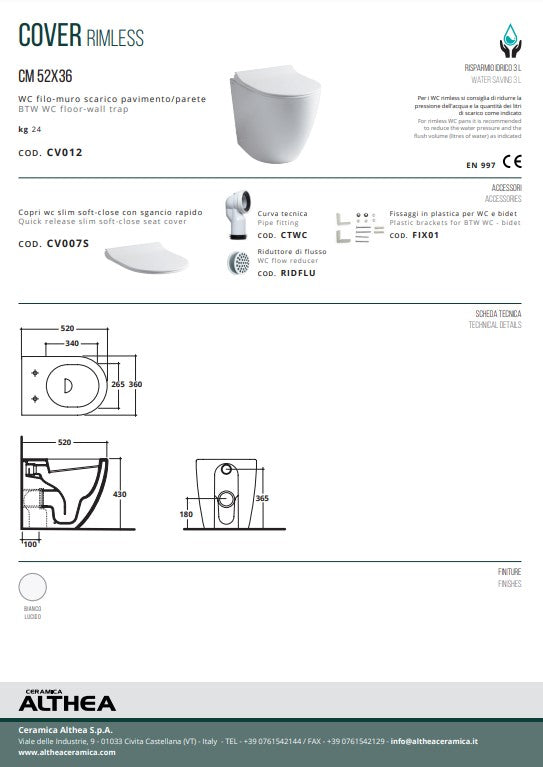 Vas WC Stativ Rimless Cover Althea Ceramica cu Capac Soft Close - Design Modern Italian