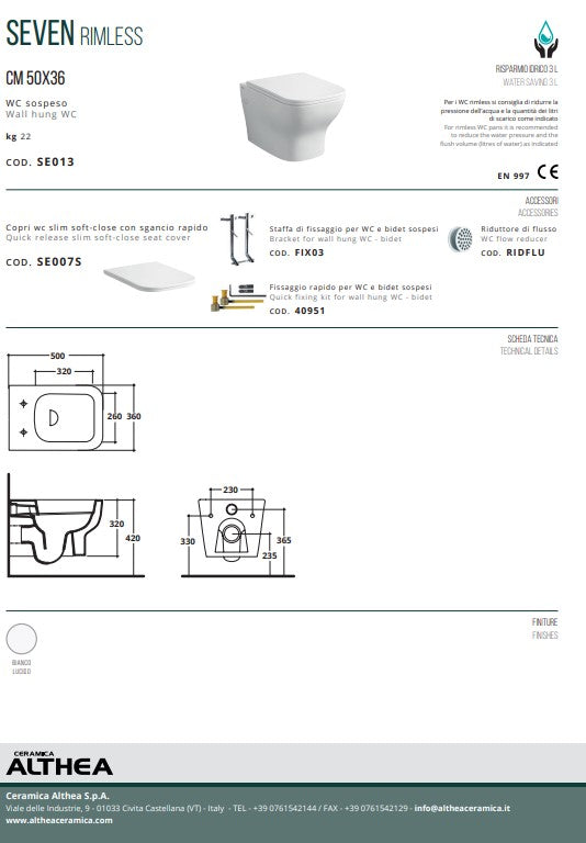 Seven vas wc suspendat rimless Italia cu capac soft close