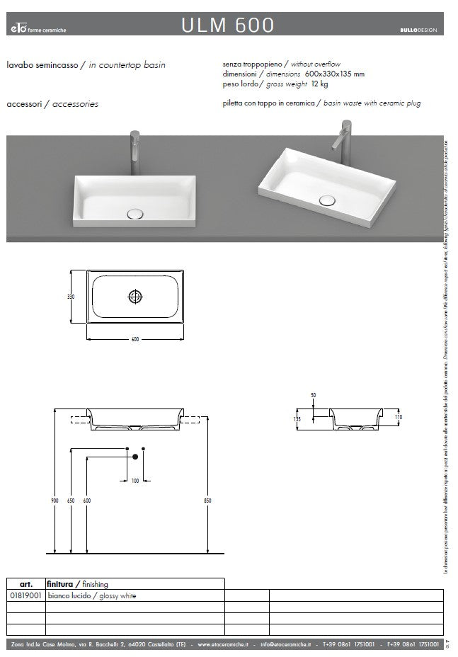 Lavoar de blat ULM 60x33 cm – Ceramică Italia, finisaj lucios alb